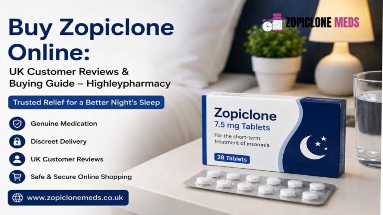opiclone 7.5 mg tablets with a bedside setting and promotional text for buying Zopiclone online in the UK from zopiclonemeds.co.uk.