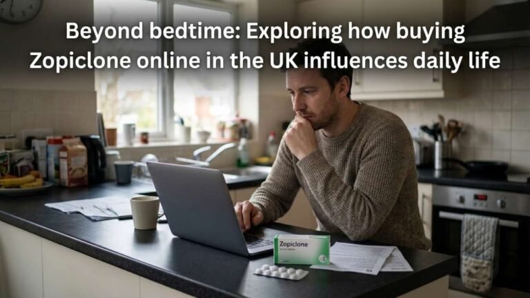 Man using a laptop while researching Zopiclone online in the UK, with Zopiclone packaging and tablets on the kitchen counter.